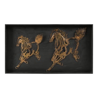 Vintage Gold Metal Horse Wall Art on Black Wood Frame | Equestrian Running Stallion Sculpture | Modern Ranch Decor | Horse Lover Gift For Sale