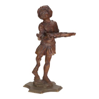 Antique 36" Carved Wood Sculpture of a Moorish Servant Boy With Tray C1920 For Sale