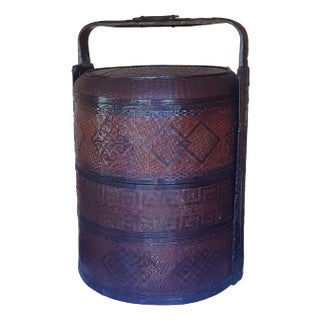 Chinese Dim Sum Rattan Carrying Basket with Iron Fittings For Sale