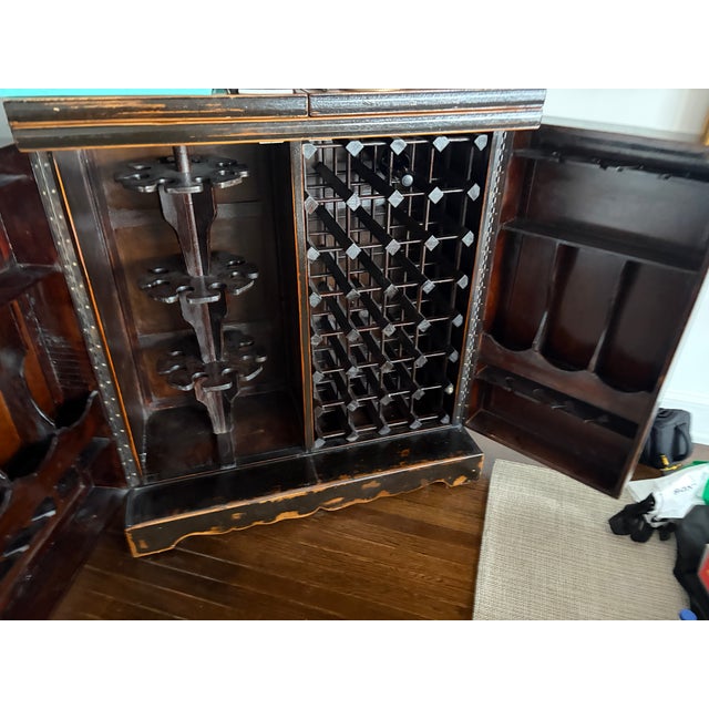 Vintage Chinese Chinoiserie Black Lacquer Wine & Bar Cabinet For Sale - Image 9 of 11