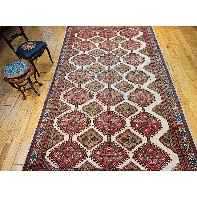 Persian Vintage Persian Malayer Gallery Rug, Hand-Knotted Wool, Geometric Pattern, 7x13, Ivory & Red For Sale - Image 3 of 14