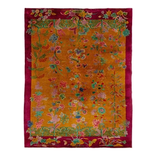 Antique Designed Art Deco Chinese Wool Rug Handmade in Goldenrod Color For Sale