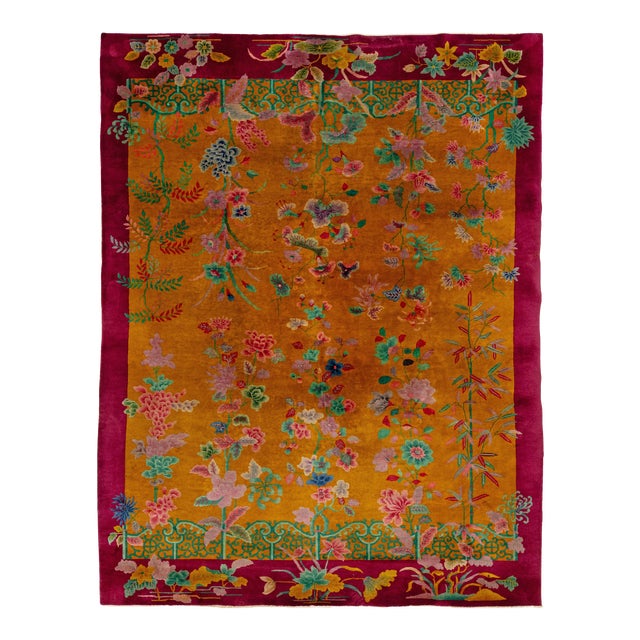 Antique Designed Art Deco Chinese Wool Rug Handmade in Goldenrod Color For Sale
