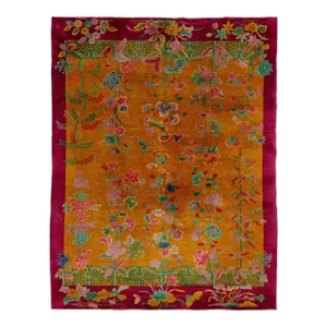 Antique Designed Art Deco Chinese Wool Rug Handmade in Goldenrod Color