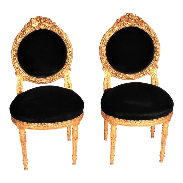 19th Century French Giltwood Velvet Side Chairs - a Pair For Sale