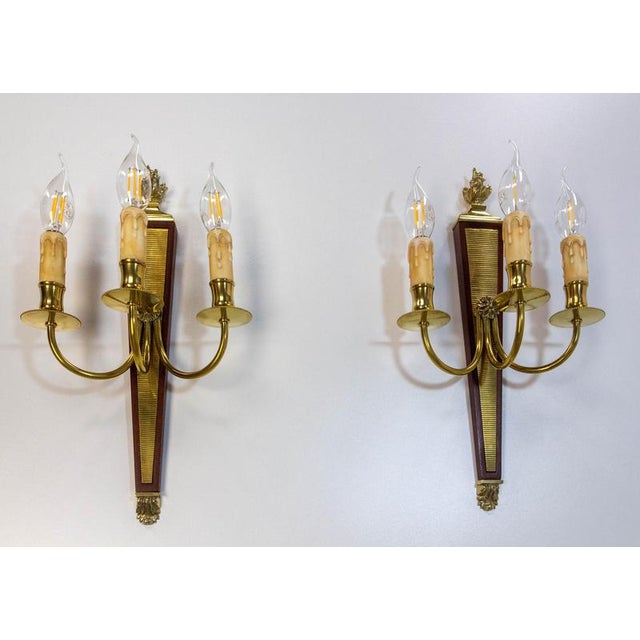 1960s Louis XVI Triple Sconces in Brass and Iroko, 1960s, Set of 2 For Sale - Image 5 of 13