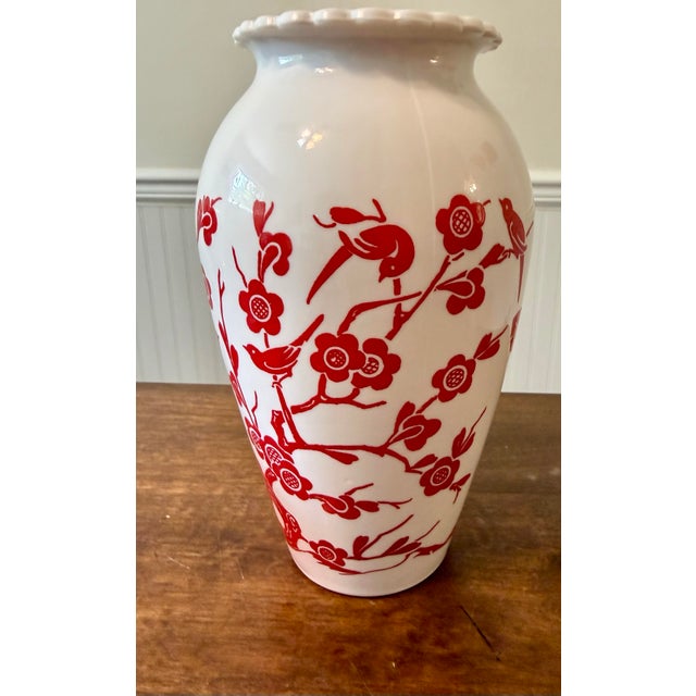 Rustic 1940s ‘ Birds and Cherry’ Blossom Milk Glass Vase For Sale - Image 3 of 11