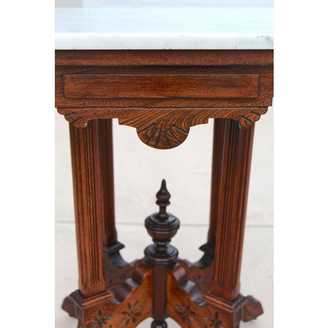 Wood Antique American Victorian Eastlake Marble Top Parlor Table | Carved Walnut Side Table on Casters | C. 1880–1900 For Sale - Image 7 of 15