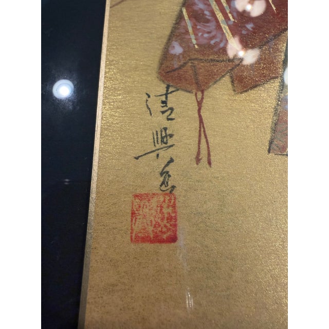 An elegant vintage Japanese mixed-media artwork depicting a classic figure in a traditional, highly detailed kimono. This...