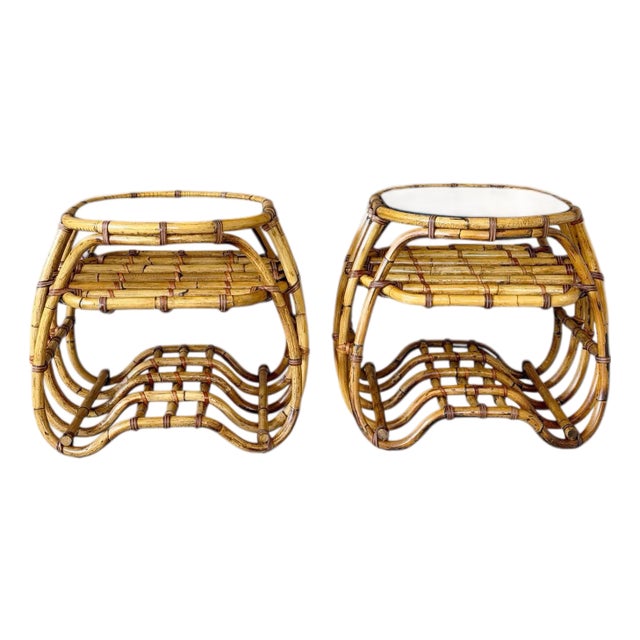 Pair Vintage Organic Modern Bent Rattan Side Tables With Smoked Glass For Sale