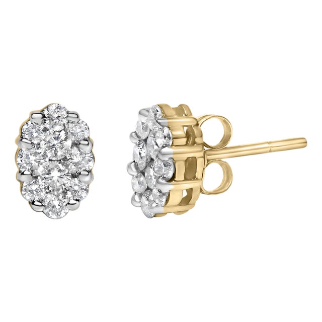 18K Yellow Gold 1.00 Diamond Oval Shaped Composite Cluster Stud Earrings (H-I Color, I1-I2 Clarity) For Sale