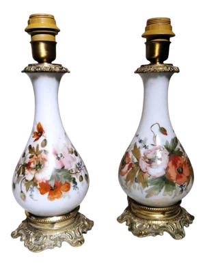 Napoleon III Style French Hand Painted Opaline Glass Oil Lamps - a Pair