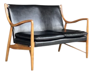 Scandinavian Modern Walnut & Black Leather Loveseat – Sculptural Frame
