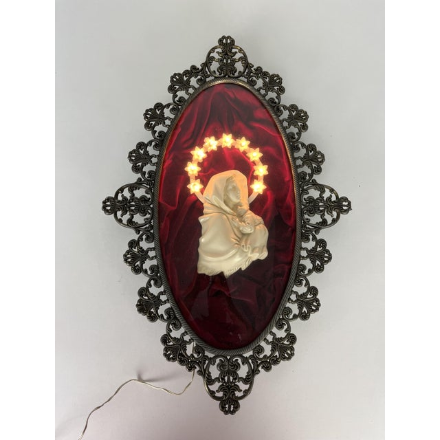 Antique Madonna with illuminated starry sky and bronze frame, 1950s. Beautiful sacred wall decoration, in good condition.