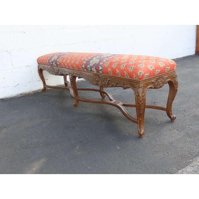 French French Heavy Carved Extra Long Upholstered Bed End Hallway Bench 6923 For Sale - Image 3 of 18
