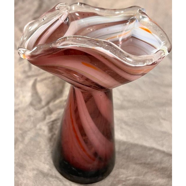 Japanese Vintage 1960s Japanese Amethyst & White Swirled "Swung" Art Glass Vase For Sale - Image 3 of 9