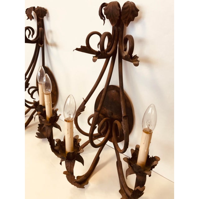 Vintage French Country Bronze 3Candle Wall Sconces With White Linen
