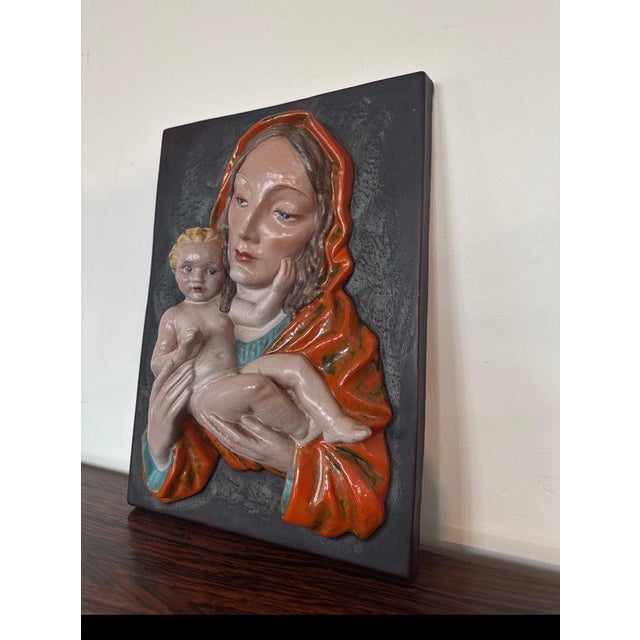 Ceramic Art Deco Ceramic Madonna and Child Wall Relief from Keramos Wien, 1920 For Sale - Image 7 of 12