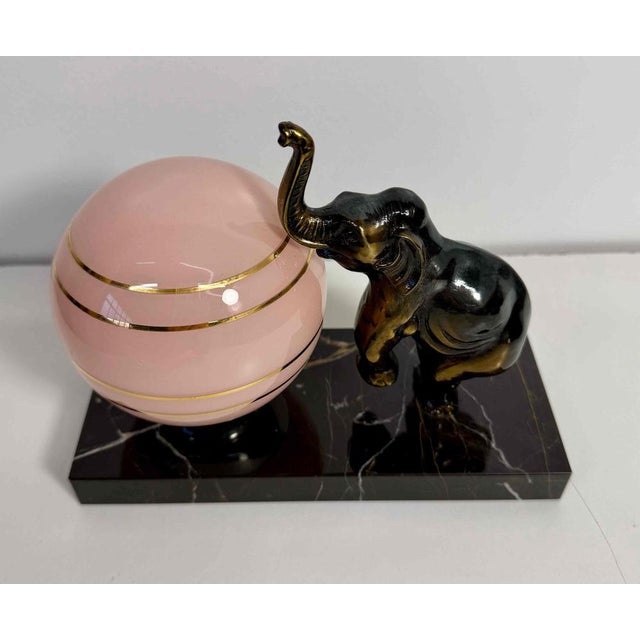 French Art Deco Table Lamp with Elephant Sculpture and Pink Sphere, 1950s For Sale - Image 3 of 9