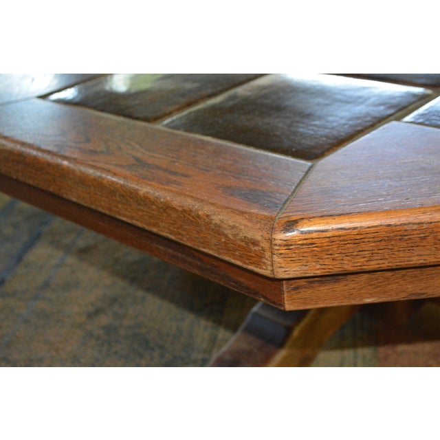 Wood Vintage 1970's Mid Century Wood & Brown Glazed Tiled Top Octagonal Coffee Table Germany For Sale - Image 7 of 15