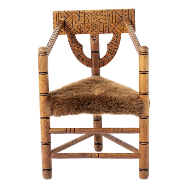 Hand-Carved Monk Chair with Brown Sheepskin Upholstery, Sweden, 1960s For Sale