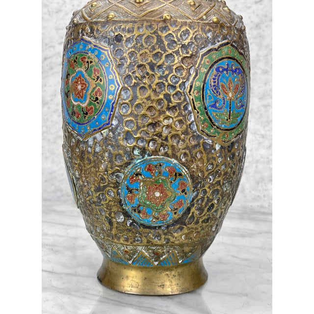 Vintage Japanese Champleve Brass & Enamel Urn Vase For Sale - Image 6 of 12