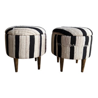 Pair of Striped Off-white, Black Vintage Turkish Rug Ottomans For Sale