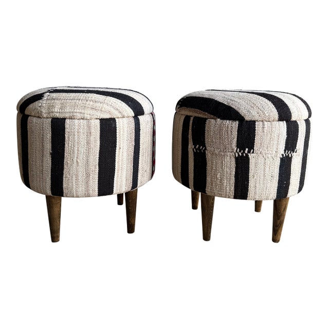 Pair of Striped Off-white, Black Vintage Turkish Rug Ottomans For Sale
