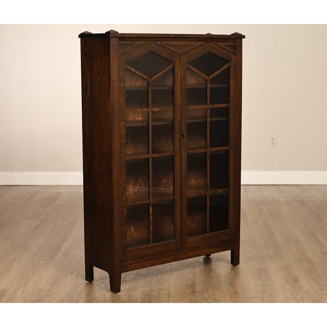 Mission Antique Mission Oak Arts And Crafts Two Door Bookcase For Sale - Image 3 of 18