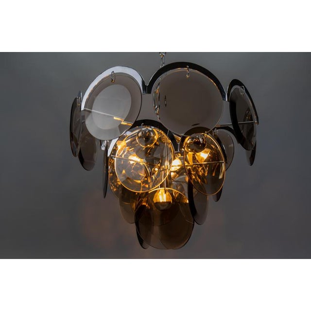 Smoked Glass and Chromed Metal Seven-Light Pendant Chandelier, 1970s For Sale - Image 4 of 18