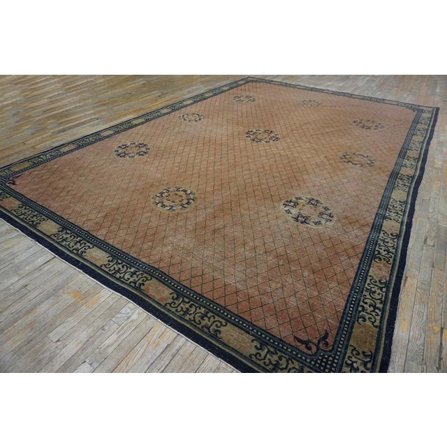 Chinese Pretty Rose Background Color With Geometric Design Antique Chinese Rug For Sale - Image 3 of 14