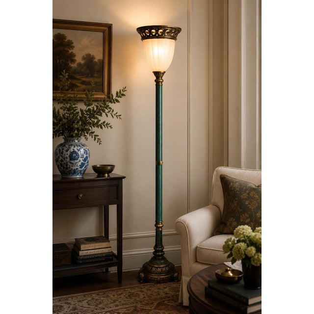 Oxidized Emerald & Antique Brass Torchiere Floor Lamp – Classical Three-Way Floor Lamp A striking classical torchiere...