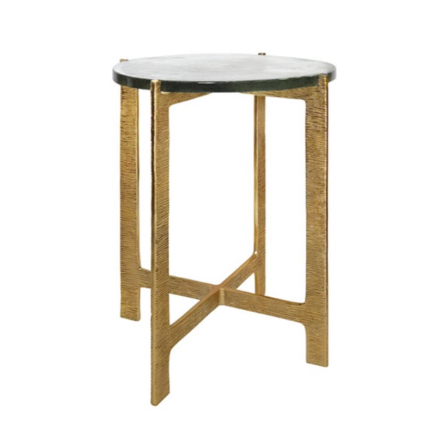 Worlds Away Matthew Izzo Home Ricky Round Hammered Brass Side Table With Thick Poured Glass Top For Sale - Image 4 of 8