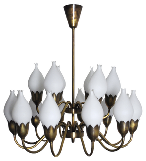 18-Arm Brass and Opaline Glass Tulip Chandelier from Fog & Mørup, 1950s