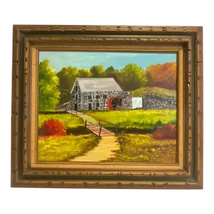 1982 Americana Impressionist Original Oil Painting, Stone Mill by Ruth English