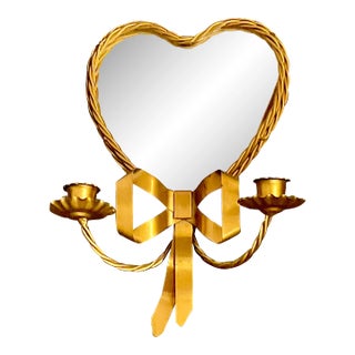 Mid-Century Hollywood Regency Bow & Twisted Rope Mirrored Heart Candle Holder Sconce, 2 Arm For Sale