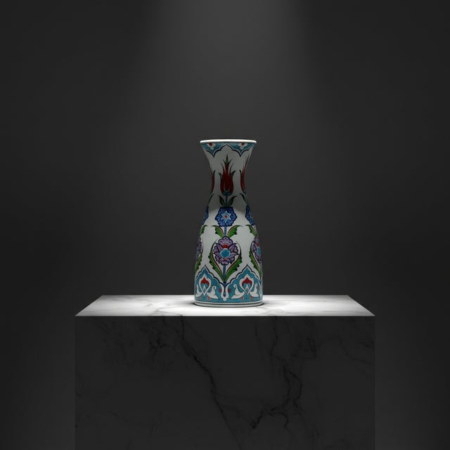 Handmade Ceramic Vase (25cm) Traditional Turkish Red Tulip & Purple Floral Pattern – Elegant Conical Art Decor For Sale - Image 6 of 6