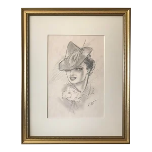 Vintage Original Art Deco Era Drawing Portrait of a Woman in Hat Hollywood Circa 1930s by Bette