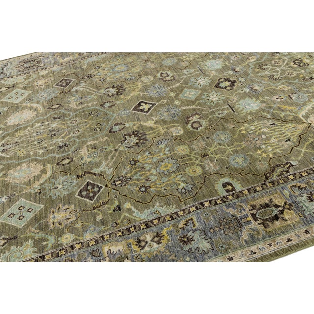 2020s Modern Indian Heriz Style Wool Rug Handmade in Muted Green With Allover Design For Sale - Image 5 of 10