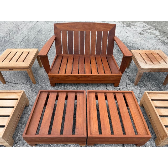 1990s 1990s Vintage Brown Jordan "Mission Teak" Deep Seating Patio Set With Blue Cushions - 10 Pieces For Sale - Image 5 of 11