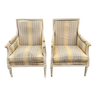 Large 19th Century Velvet French Louis XVI Bergere or Armchairs - A Pair For Sale