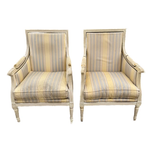 Large 19th Century Velvet French Louis XVI Bergere or Armchairs - A Pair For Sale