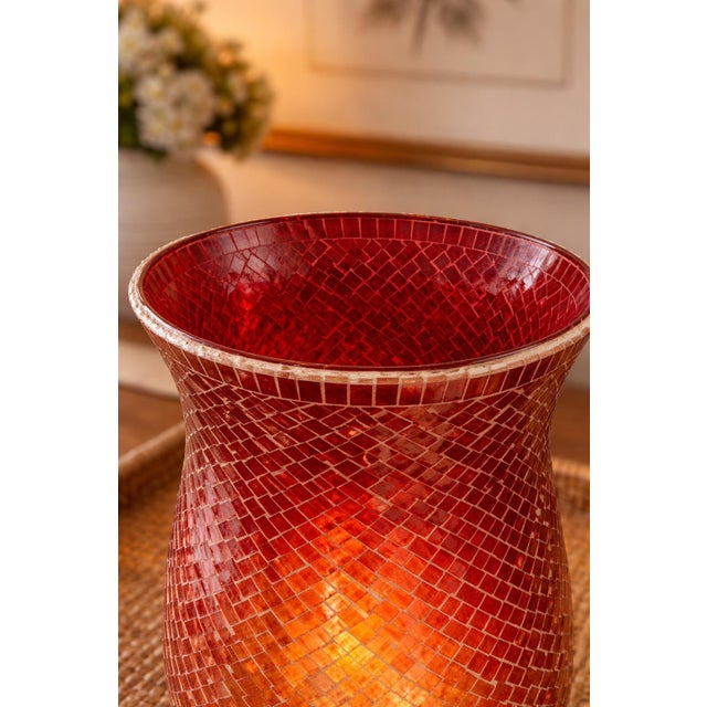 Large Red to Amber Mosaic Glass Hurricane Candle Holder – Oversized Decorative Votive For Sale In Los Angeles - Image 6 of 6