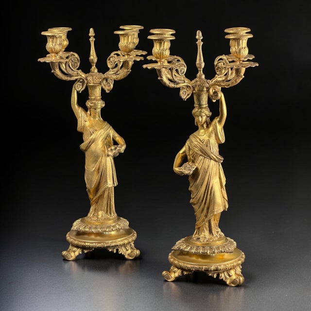 French Empire Revival Gilt Bronze Figural Candelabras, Late 19th Century, Set of 2 For Sale - Image 6 of 18