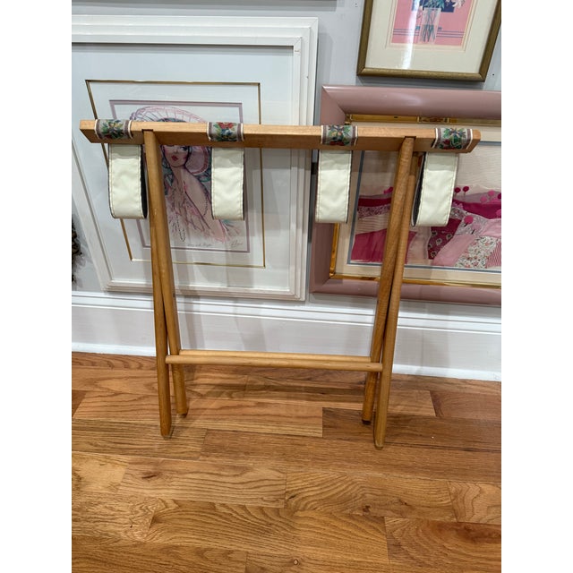Tan Vintage Folding Luggage Rack / Quilt Stand With Floral Needlepoint Straps For Sale - Image 8 of 8