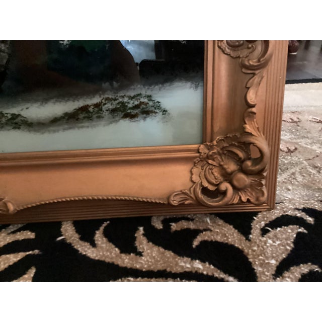 Antique Large Fancy Frame Reverse Painted Picture Catholic Church 47.25” X 19.25 Lovely Evening Moonshine Off Lake For Sale - Image 14 of 17