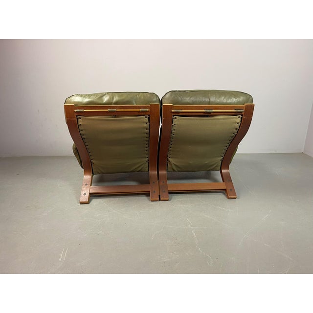 Wood Vintage Scandinavian Two-Seater Ry-Wing Lounge Sofa in Olivegreen Leather by Elsa and Nordahl Solheim for Rybo Rykken & Co, 1960s For Sale - Image 7 of 18