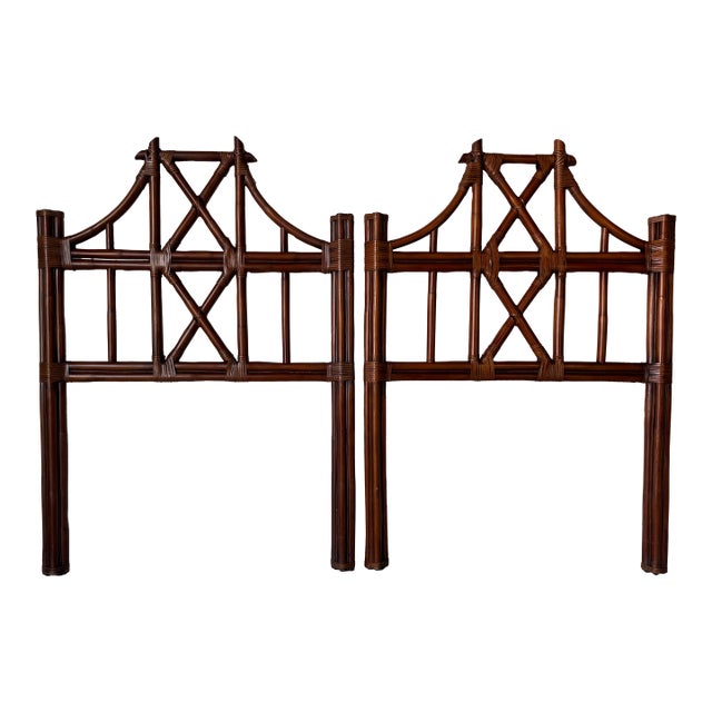 Pair of Vintage McGuire-Style Rattan Headboards With Leather Wrapped Bindings For Sale