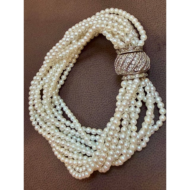 Metal 3.1 Mm Akoya Japanies Pearl Multi Strand Bracelet, 14kwg Diamond Clasp, 8 Inch For Sale - Image 7 of 12