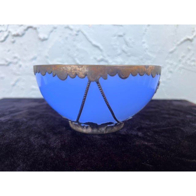 Antique Chinese Blue Peking Glass Bowl With Signed Ornate Metal Mount For Sale In Orlando - Image 6 of 8